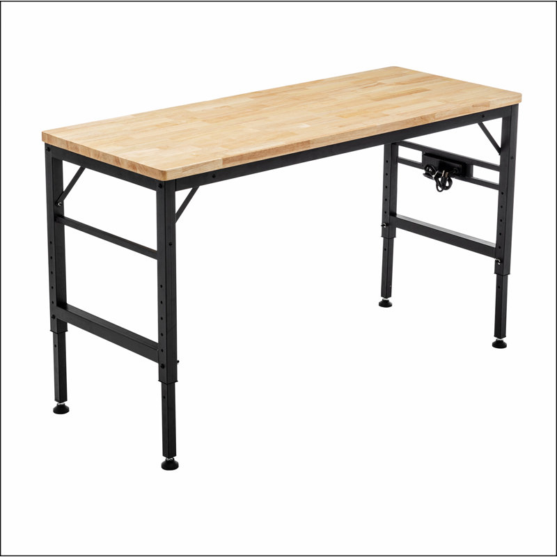 Adjustable Height Workbench, 60" Rubber Wood Top Heavy duty Workstation with Power Outlets, 2000 LBS Load Capacity Hardwood Worktable for Workshop, Garage, Office, Home