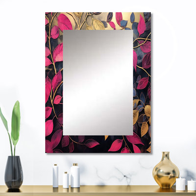 Or et breloque feuille rose en hiver - grand miroir à feuilles, décor de miroir mural traditionnel unique, impression d'art en métal