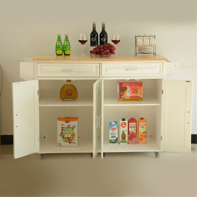 Kitchen Island & Kitchen Cart, Mobile Kitchen Island, Rubber Wood Top, Big & Adjustable Shelf Inside Cabinet For Different Utensils, Luxury Design Fits Party At Different Site.