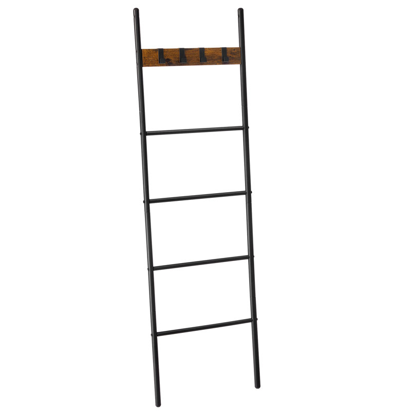 Leaning Display Ladder Shelf, Towel Rack, 5 Tiers, Steel Frame, 4 Hooks, Industrial Style