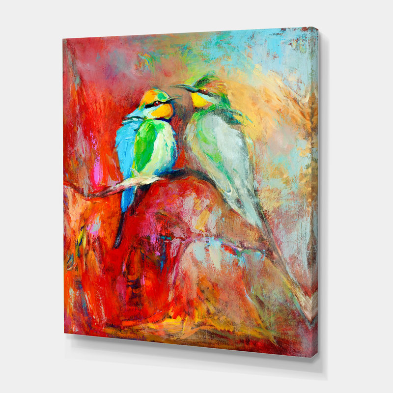 «Blue Tailed Bee Eaters on a Branch», peinture sur toile, H 32 po x l 16 po x P 1 po, Toile tendue