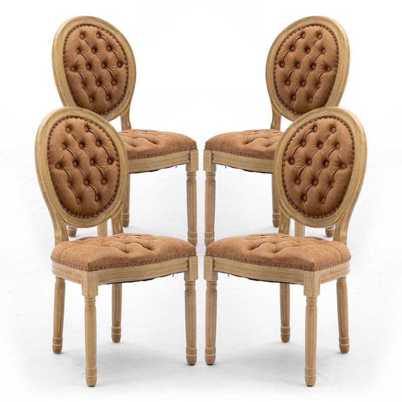 French Style Vintage Solid Wood Upholstered Dining Chair Set of 4, Brown, 4