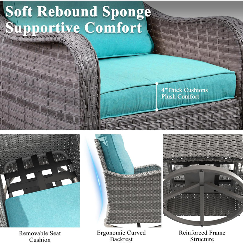 Ensemble de meubles de patio en osier 6 pièces, chaises berçantes pivotantes avec coussins de 4 po, bleu, Bleu