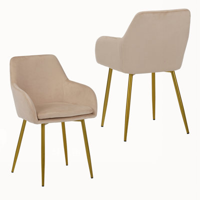 Velvet Dining Chairs Set of 2, Upholstered Seat with Gold Metal Legs – Beige