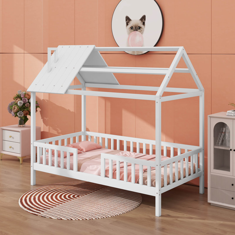 Lit simple en bois avec clôture, Blanc