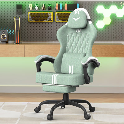 Soontrans Velvet Fabric Gaming Chair with Footrest High Back Ergonomic Gamer Chair with Headrest and Massage Lumbar Cushion Reclining Computer Office Game Chair for Adults, Green&White
