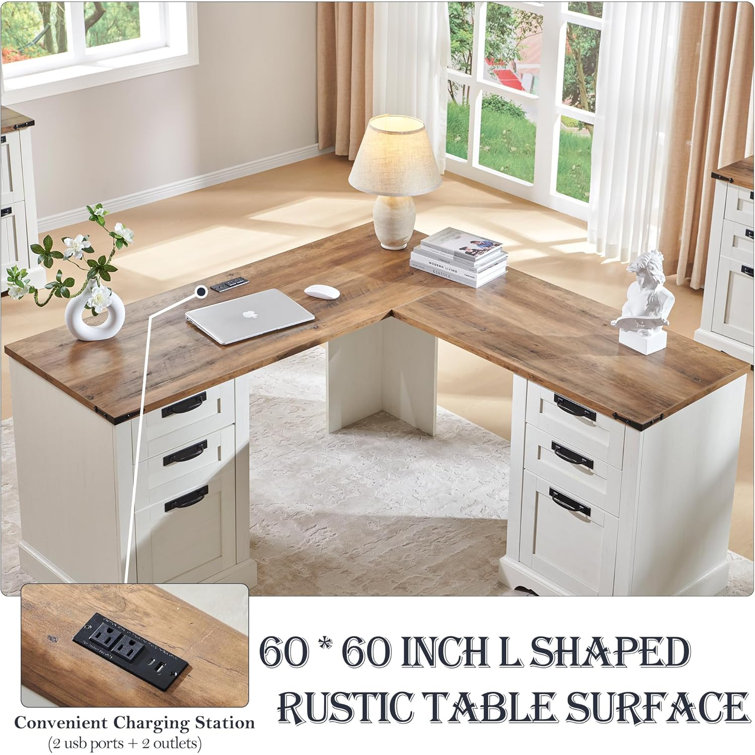 Dhevan 60" Farmhouse L Shaped Executive Desk With Drawers,wood Home Office Corner Desk With Charging Station