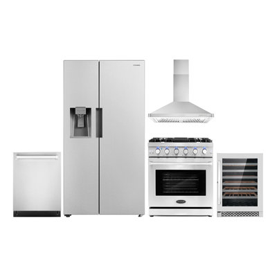 5 Piece Kitchen Package with Side by Side Refrigerator & 29.8 Dual Fuel Range