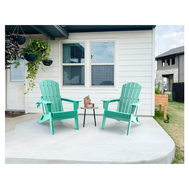 HDPE Folding Adirondack Chair With Cup Holder,Weather-Resistant, Low Maintenance,Supports Up To 400Lbs, Aruba Blue