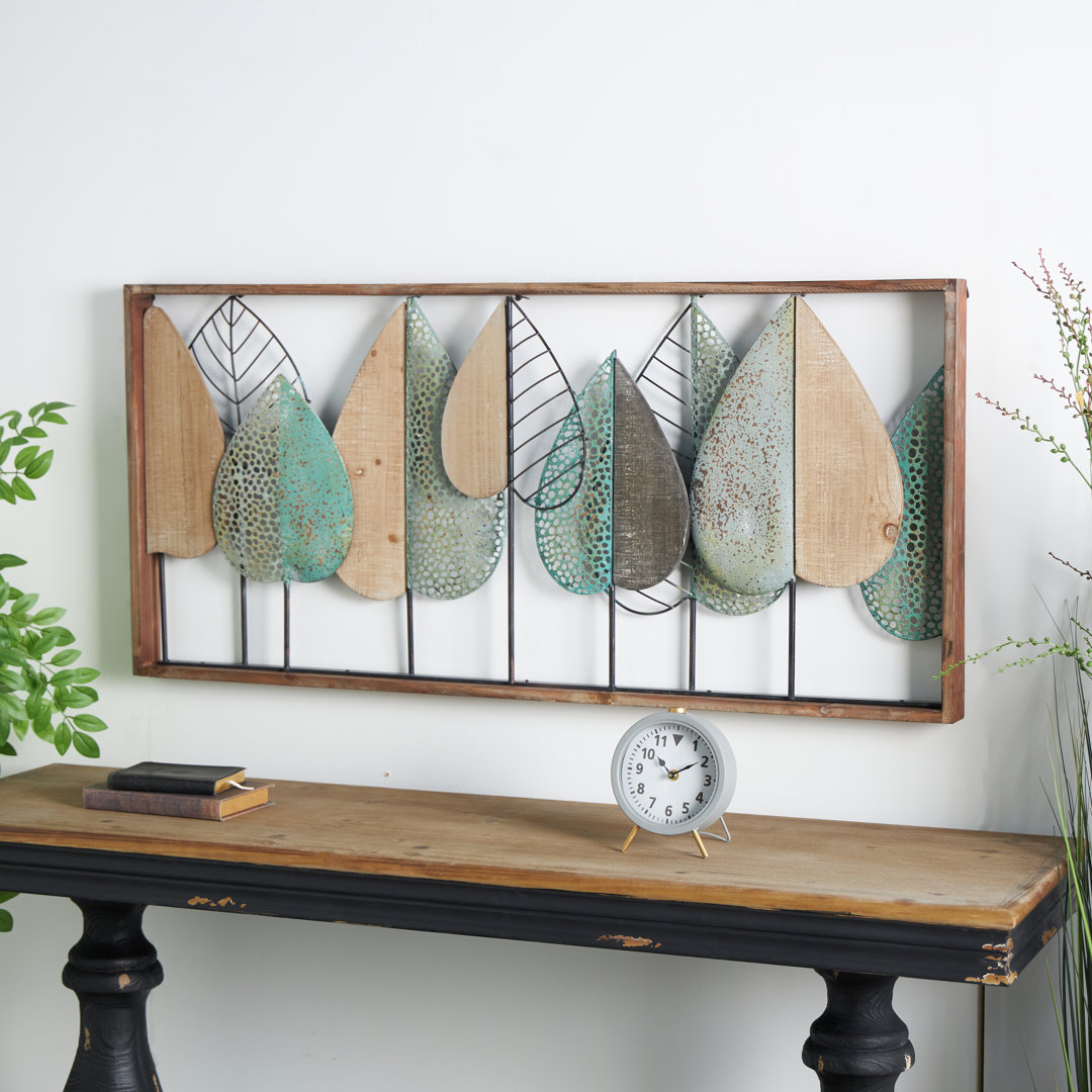 Wood Cutout Leaf Home Wall Decor with Green and Black Metal Wire Accents Gracie Oaks