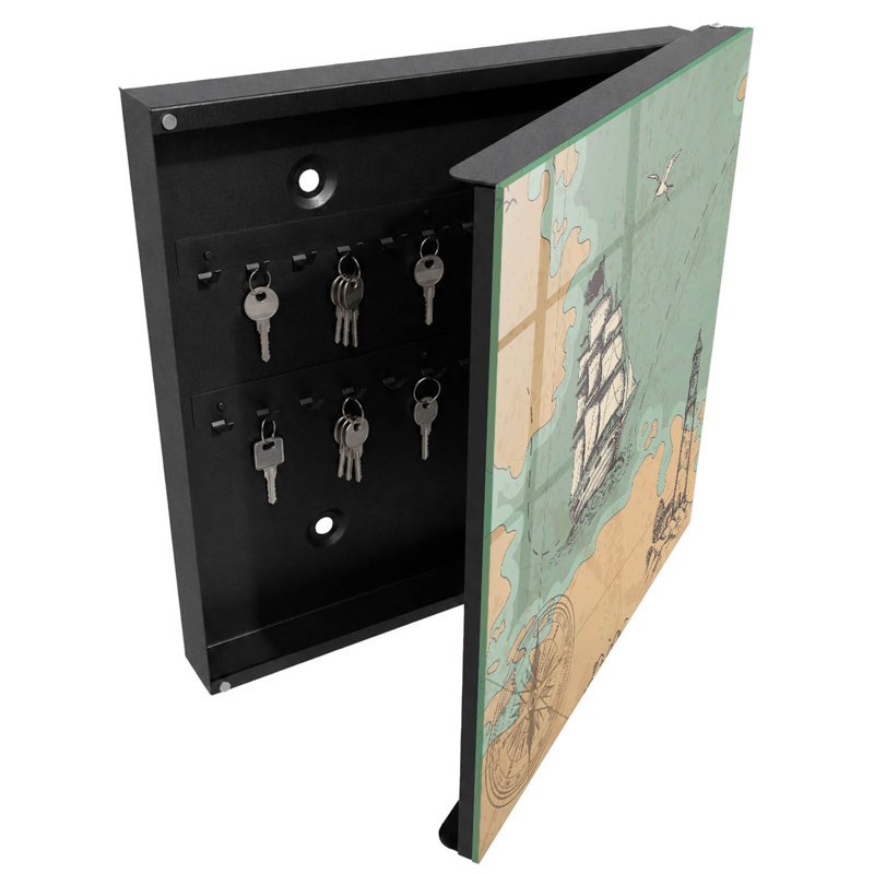 Key storage cabinet, Opens to the left, 30x30x5, White, Nautical style, ships and lighthouse, 