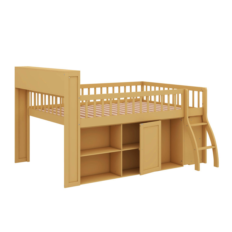 Wooden Loft Bed Frame With Storage Headboard & LED Light, Low-Profile Loft Bed With Integrated Storage, Full, Natural