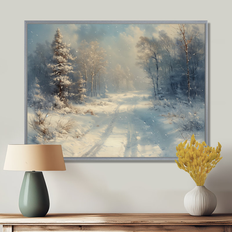 «White Winter Winter Road Into Forest I - Winter Landscape Wall Art Living Room», Encadrement argenté, H 24 po x l 32 po