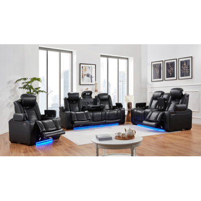 Transformer, 3 Pieces Dual Power Livingroom set, Water Resistant Sofa, Loveseat and Chair With Storage  & Cupholder In Each Arm (Black Color)