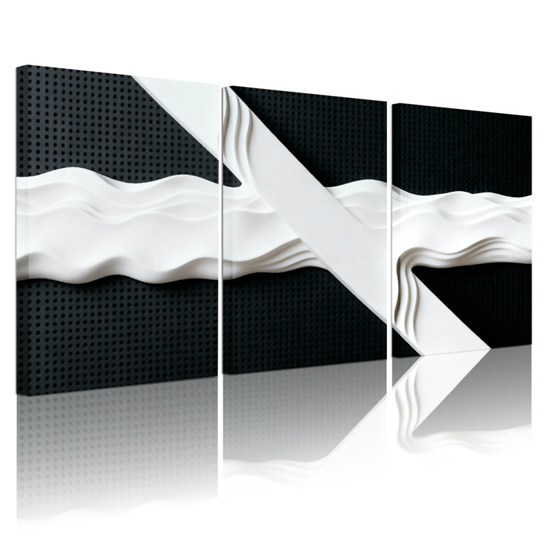 Abstrait, grille noire, vague blanche, ensemble de 3 reproductions d'art sur toile