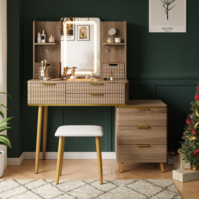 45"W Extendable Makeup Vanity With PU Stool, 7 Drawer ,LED Mirror And Jewellery Storage