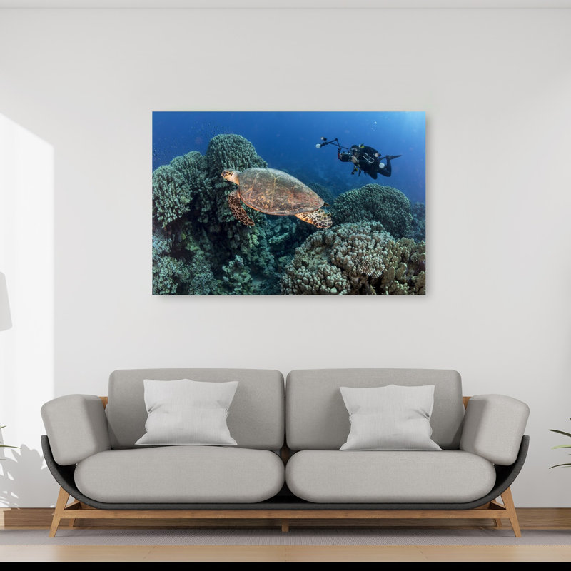 Tortue sous-marine et tortue de plongeur, impression d'art mural nature océan, 40" H x 60" W