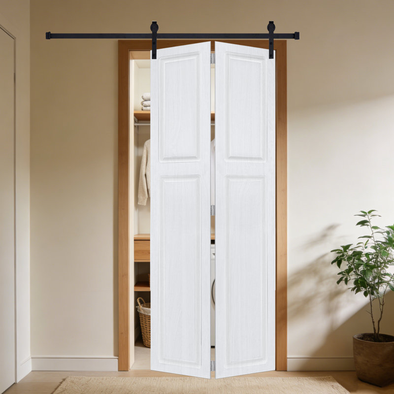 2 panneaux à 2 panneaux pliables de 80 po x 40 po Porte de grange coulissante en panneau de fibres à densité moyenne noyer blanc avec ensemble de quincaillerie