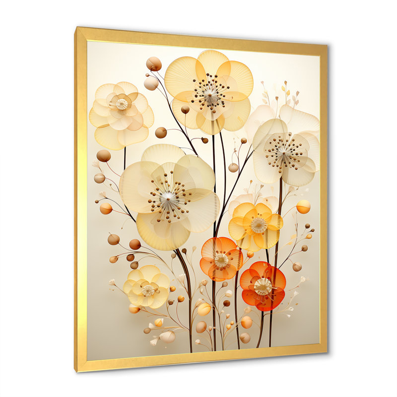 «Yellow Flora Fantasy - Botanicals», art mural, Encadrement doré, H 20 po x l 12 po x P 1 po