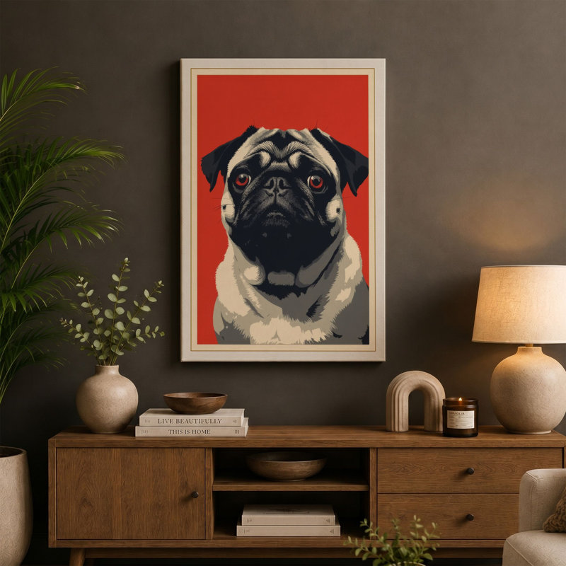 Pug Portrait Retro - Wrapped Canvas, 36x24 - 91.4 x 61.0 cm, Black Border