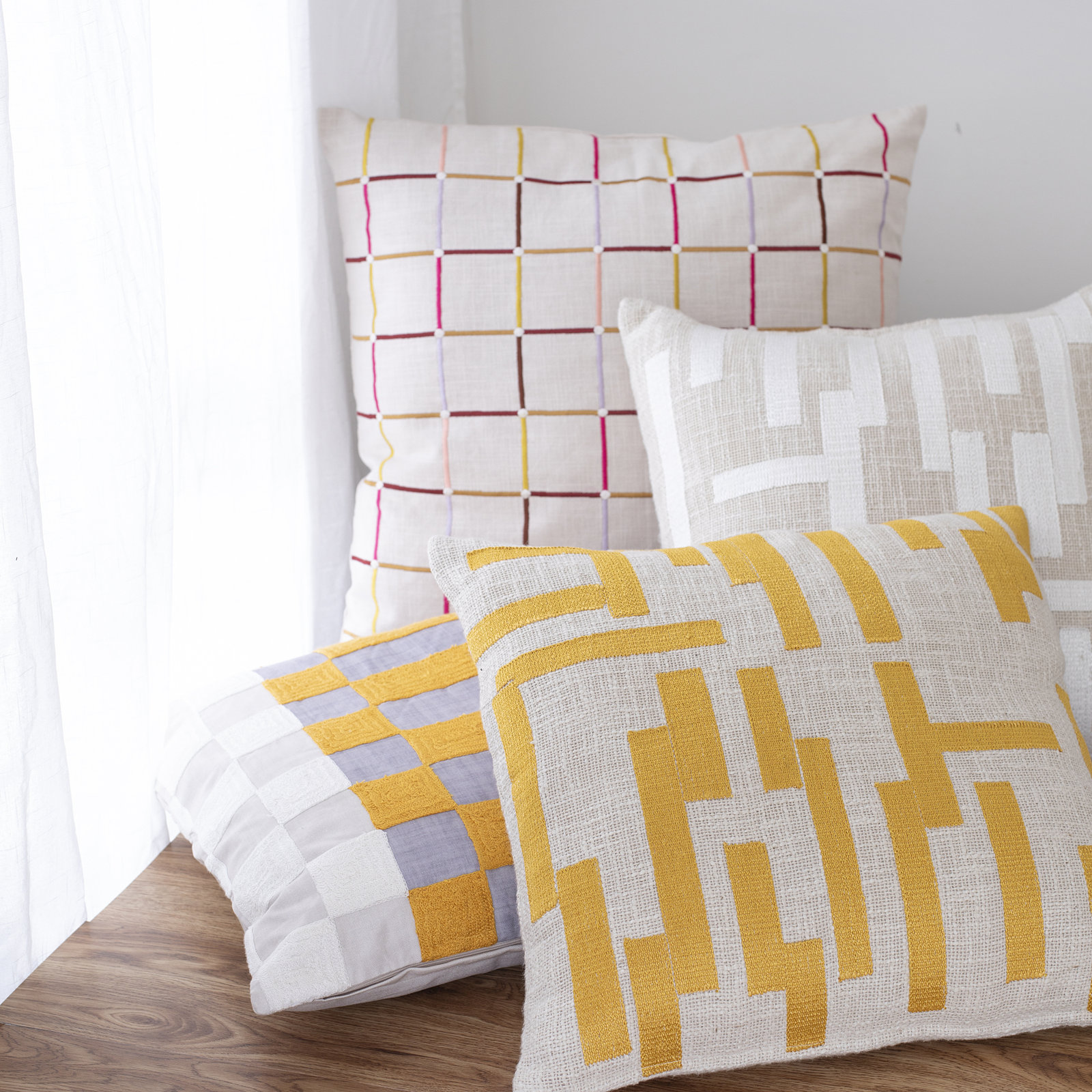 Checkered Cotton Throw Pillow, Beige/Red/Yellow/Blue, Pillow Cover Only - No Insert, 24" x 24"