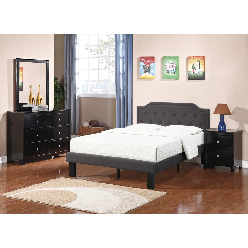Lit plateforme tapissier Rehm, Double, Noir