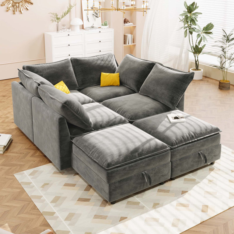 6-Piece Modular Sofa Bed With Storage, Gray Polyester