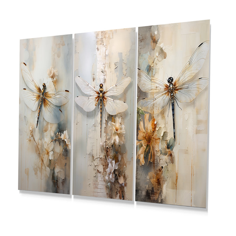 Dragonfly Delight - ensemble de 3 impressions murales en métal libellule, H 32 po x l 48 po