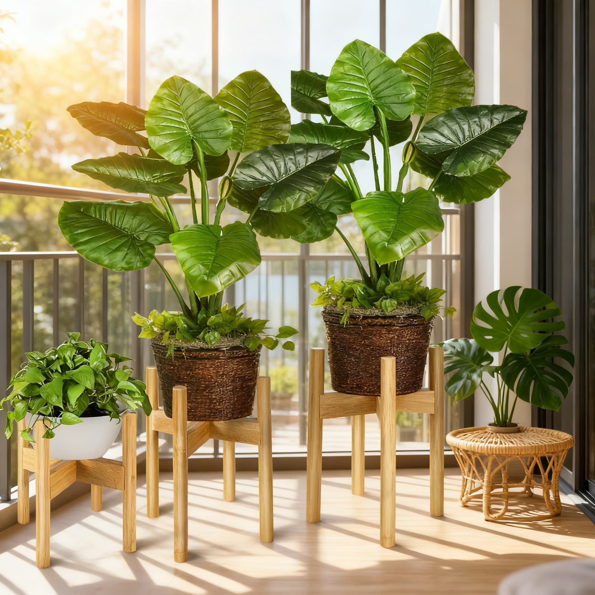 Arlmont & Co. Adjustable Bamboo Plant Stands 2-Pack, Mid-Century Modern ...