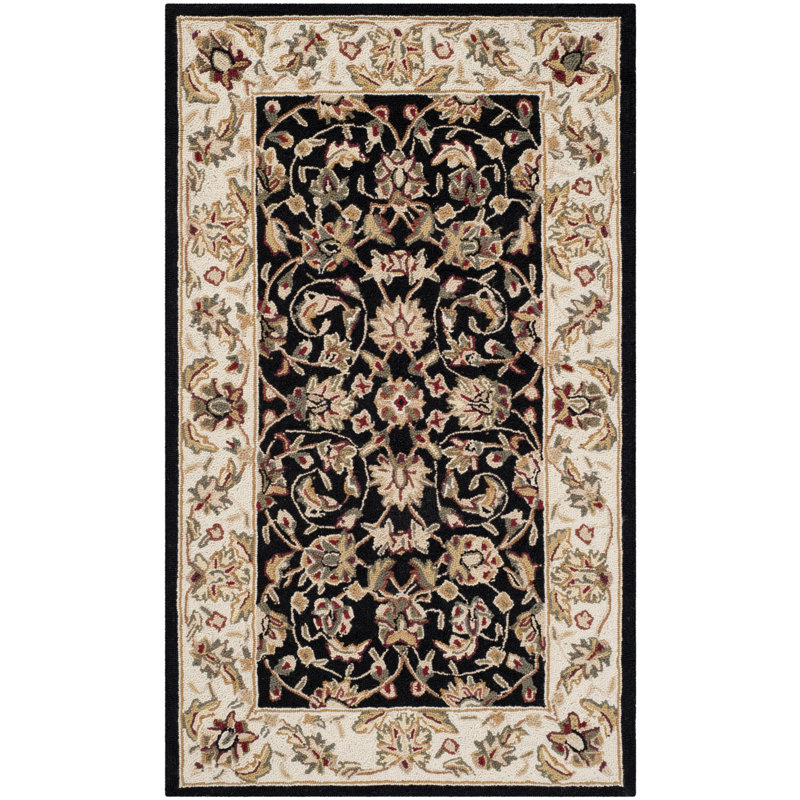 Helena Oriental Hand Hooked Wool Green/Black Area Rug, Rectangle 3'9" x 5'9"