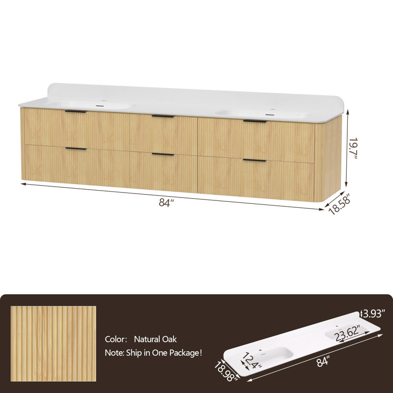 Meuble-lavabo mural 84 po en bois massif avec double vasque en acrylique et dosseret en acrylique, Chêne naturel, Noir mat