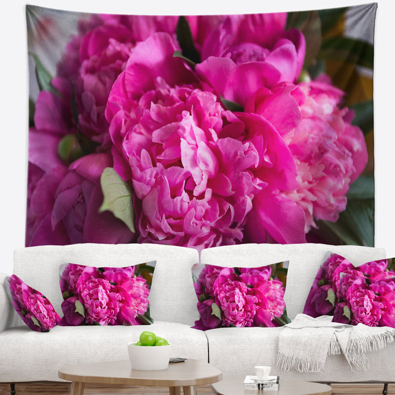 Tapisserie en bois pivoines sur fond en bois, H 50 po x l 60 po