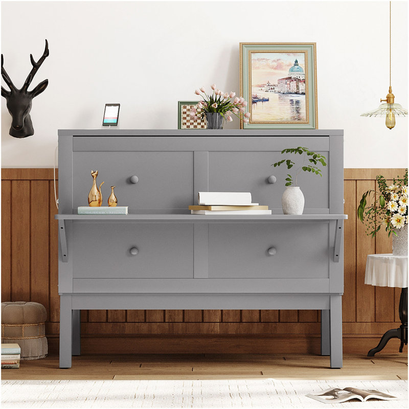 Lit escamotable double avec port USB et tablettes amovibles de chaque côté, gris