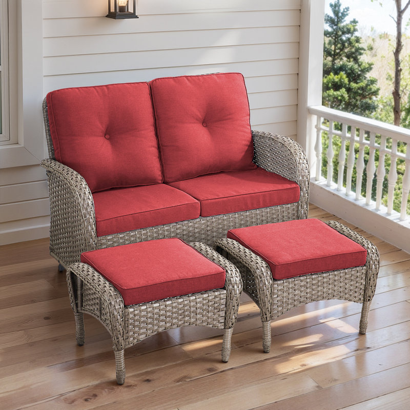 50" Wide PE Wicker Outdoor Patio Glider Loveseat With Ottomans, Gray, Red