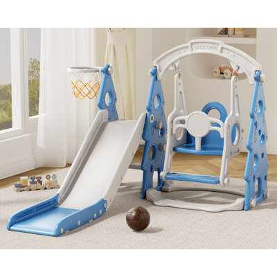 4-In-1 Kids Slide And Swing Set, Toddler Slide With Basketball Hoop And Swing