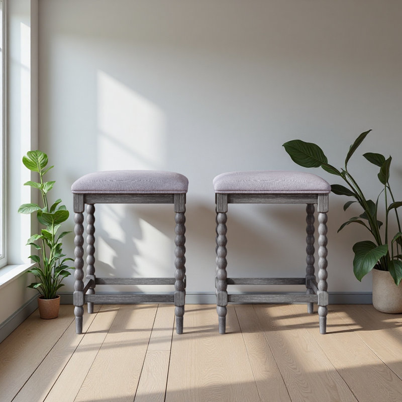 Ensemble de 2 tabourets de 26 po avec siège rembourré, structure en bois d'acacia massif, siège rembourré en mousse, conception aérée pour îlot de cuisine et bar