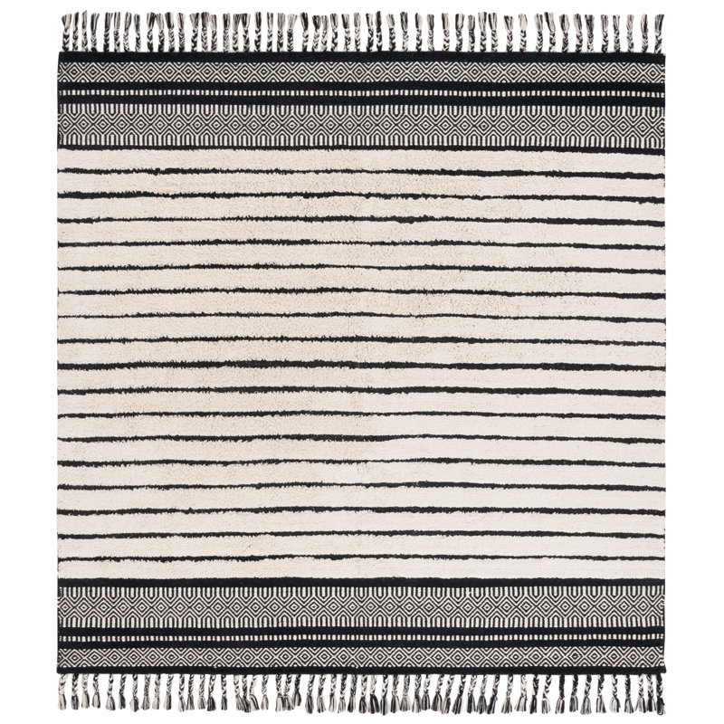 Larnette Hand Woven Cotton Pile Striped Rug, Square 6'