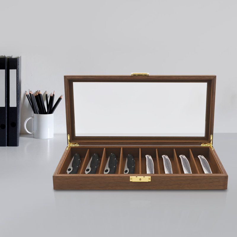 Vitrine à couteau rigide avec couvercle en verre, Brun