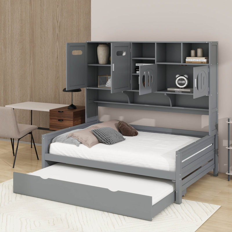 Full Size Wooden Daybed With Twin Size Trundle And All-In-One Cabinet And Shelf, Gray