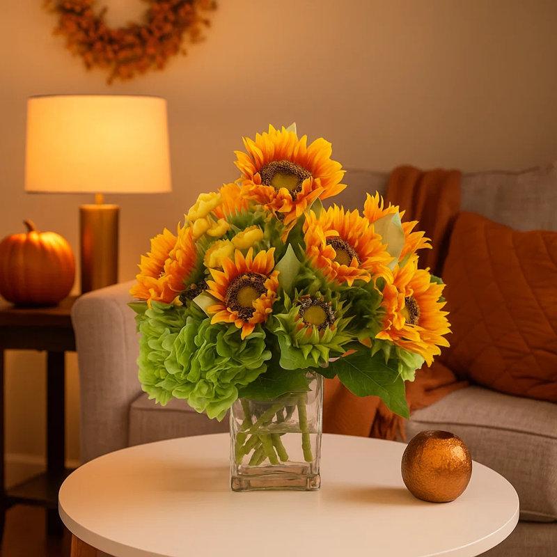 Sunflower Fall Arrangement in a Glass Ripple Vase