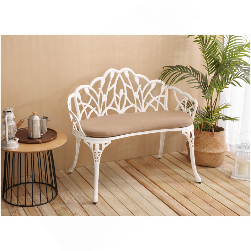 Tulip Patio Garden Bench Metal Park Bench Cast Aluminum Outdoor Furniture With Floral Rose For Patio,Park,Lawn,Yard With Cushion