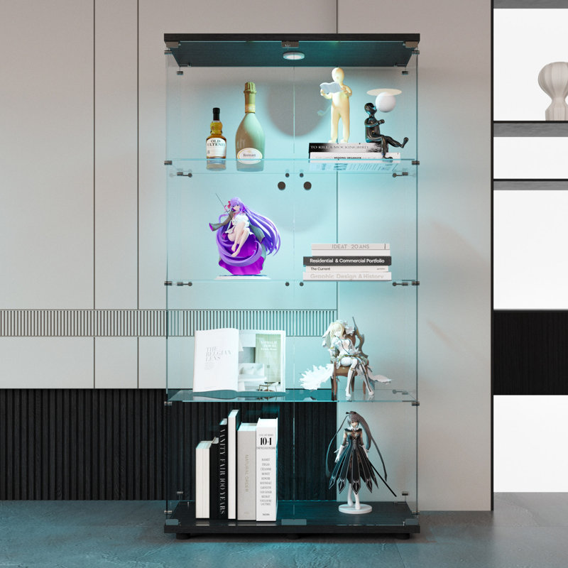 Two-door LED lights  Glass Display Cabinet 4 Shelves with Door, Floor Standing Curio Bookshelf, Black