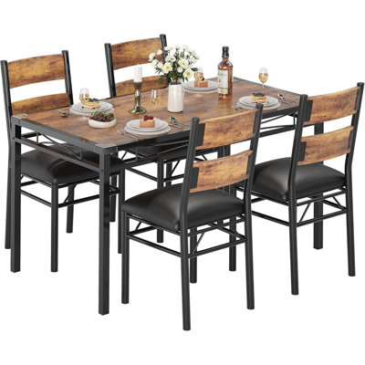 Ensemble de table de salle à manger avec table en bois et chaises rembourrées, 5 pièces, 4 places, pour salle à manger ou appartement, style rustique