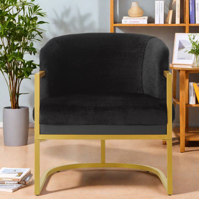 Fauteuil d'appoint luxueux noir, fausse fourrure de lapin, structure dorée moderne