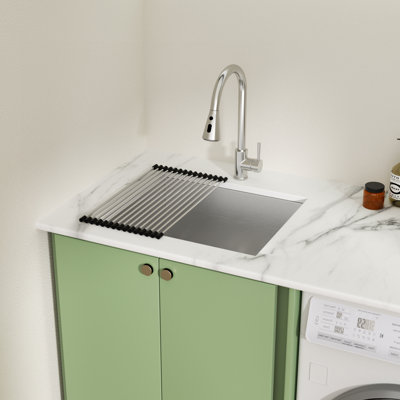 21" L x 18" W Undermount 16-Gauge Stainless Steel Laundry Sink with Sink Grid, Strainer and Roll-Up Rack