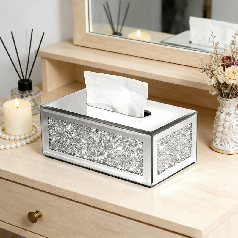 Couvercle de boîte à mouchoirs en miroir de luxe avec motif de diamant concassé, organisateur de papier hygiénique en cristal argenté pour la salle de bain, la chambre à coucher et le salon