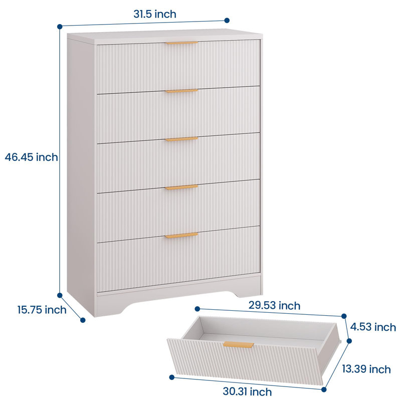 Fluted 5 Drawer Dresser for Bedroom, 47" Tall Modern Chest with Gold Handles for Living Room, White