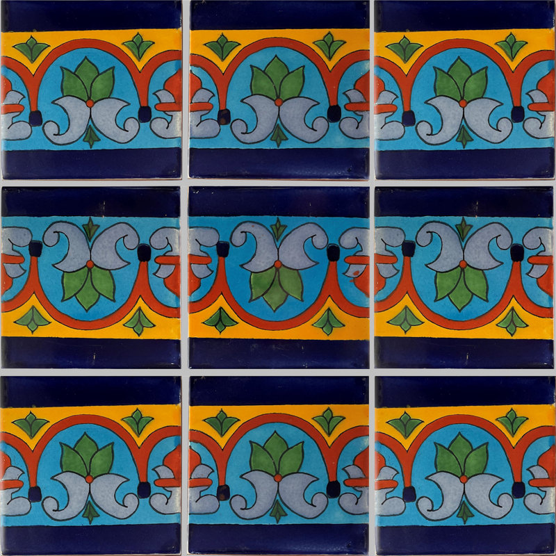 4.2" x 4.2" 9pcs TalaMex Aqua Border Talavera Mexican Clay Tile Handmade Talavera Backsplash