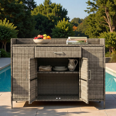Outdoor Weather-proof Rattan Storage Cabinet With Tempered Glass Desktop, Large Drawer And Adjustable Shelves