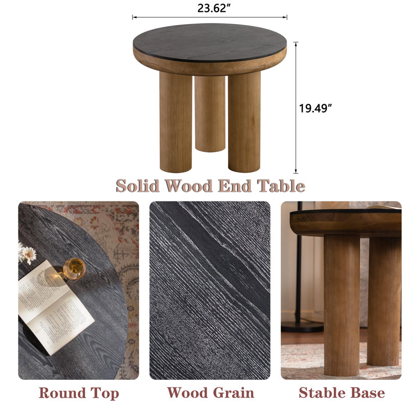 23.6" Modern Solid Round 3-Leg Farmhouse End Table For Living Room&Bedroom, Black/Natural Wood
